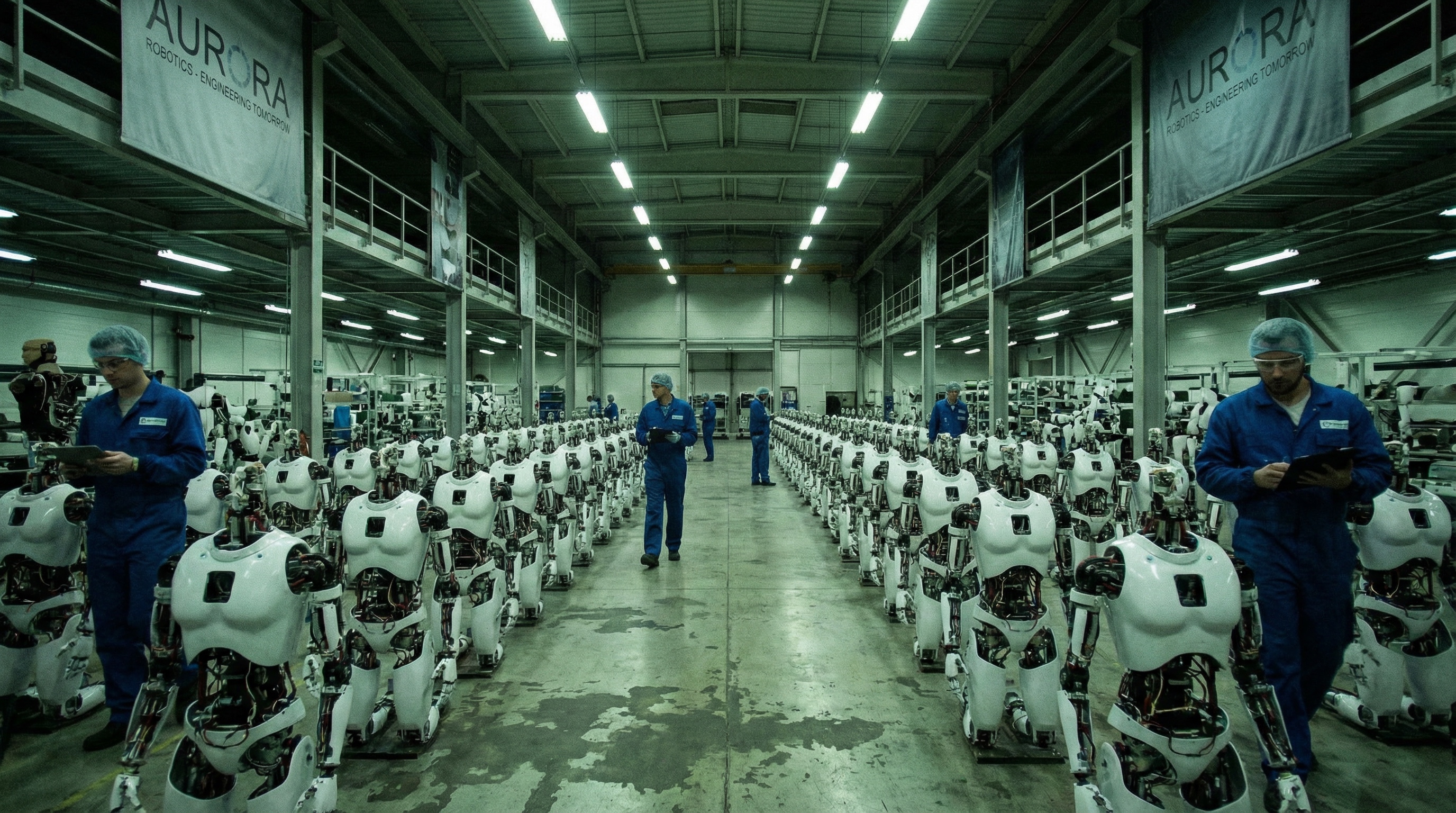 Factory floor with rows of humanoid robots being assembled