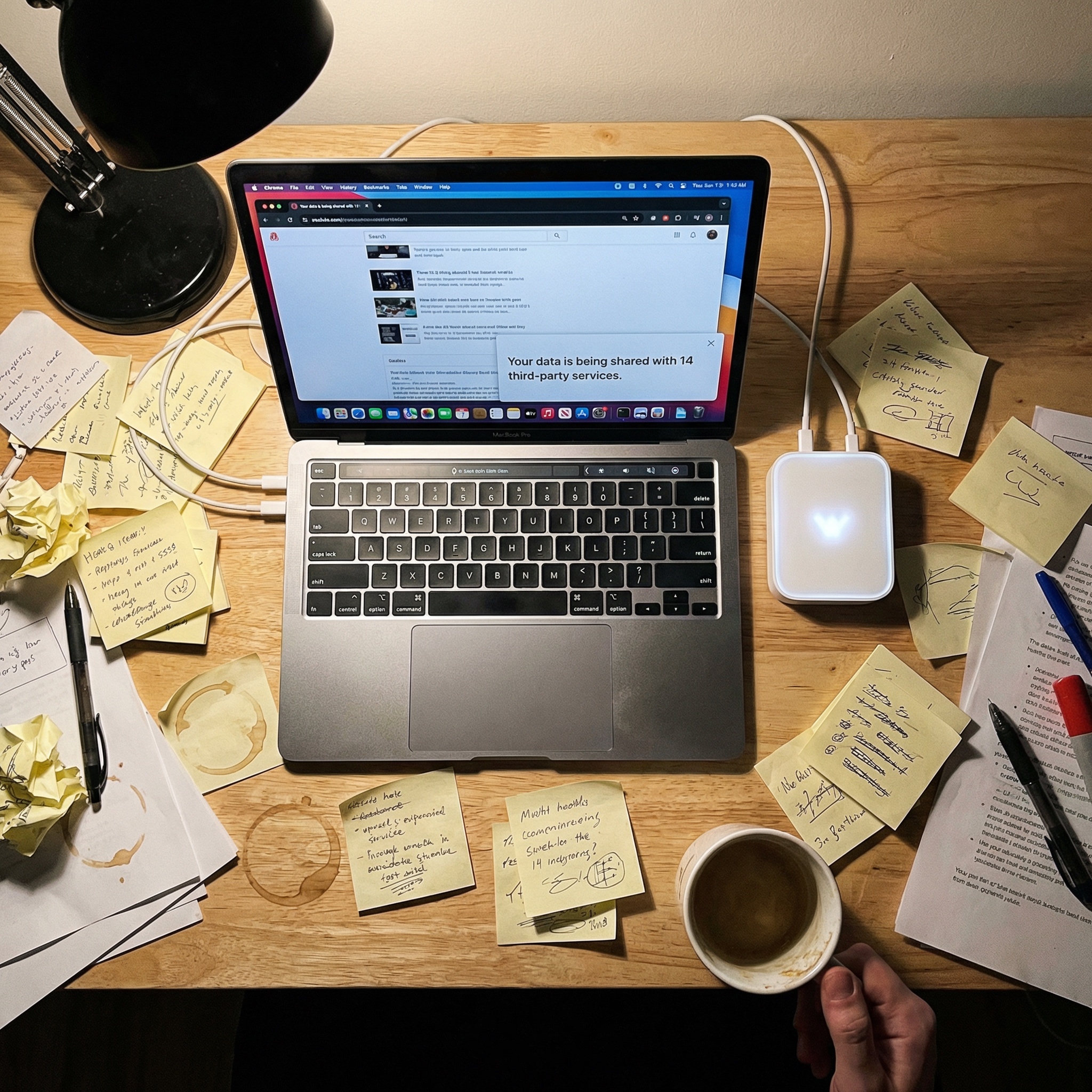 Laptop showing data shared with 14 third-party services, Wybe Node glowing on desk