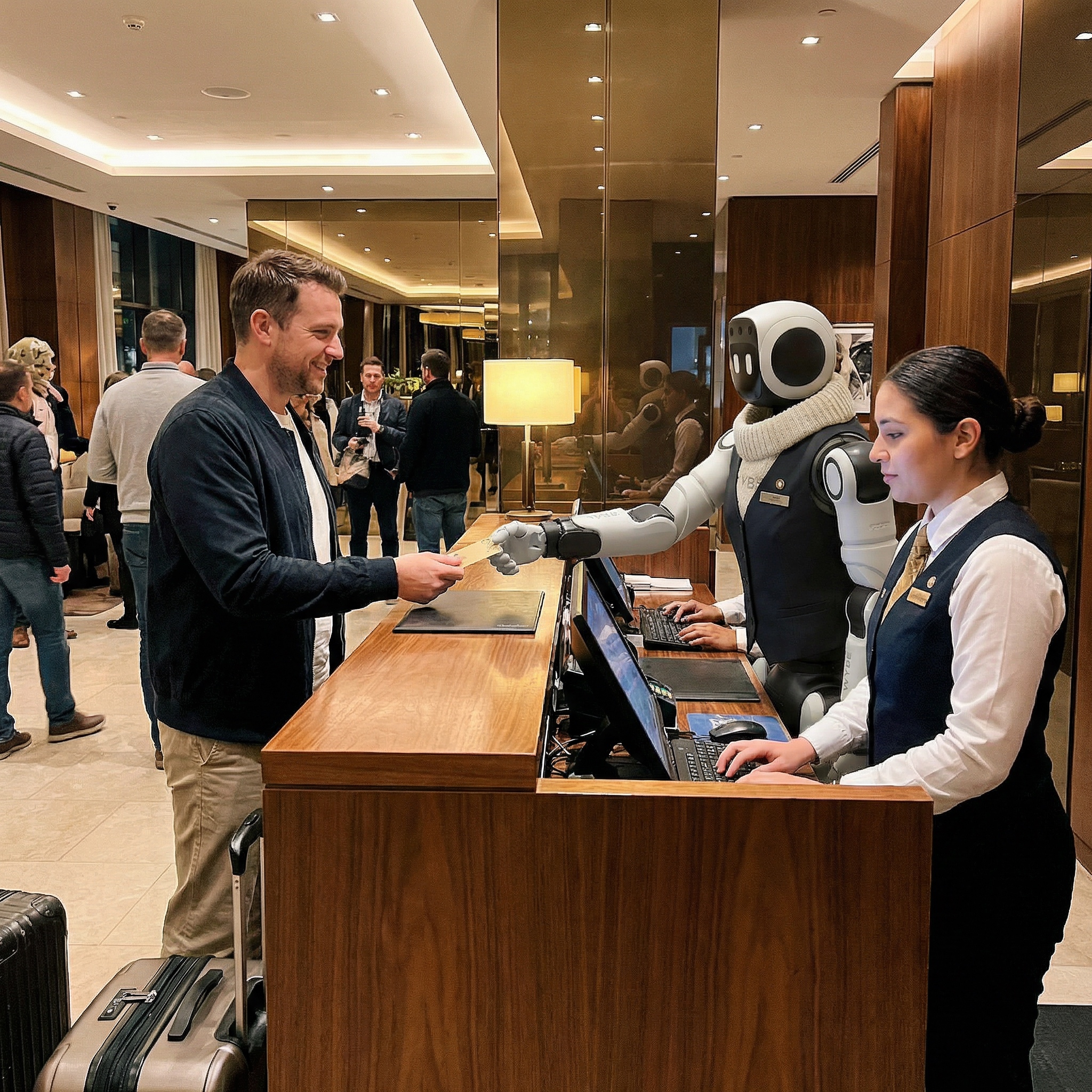 Wybe robot working at a hotel reception desk alongside a human colleague