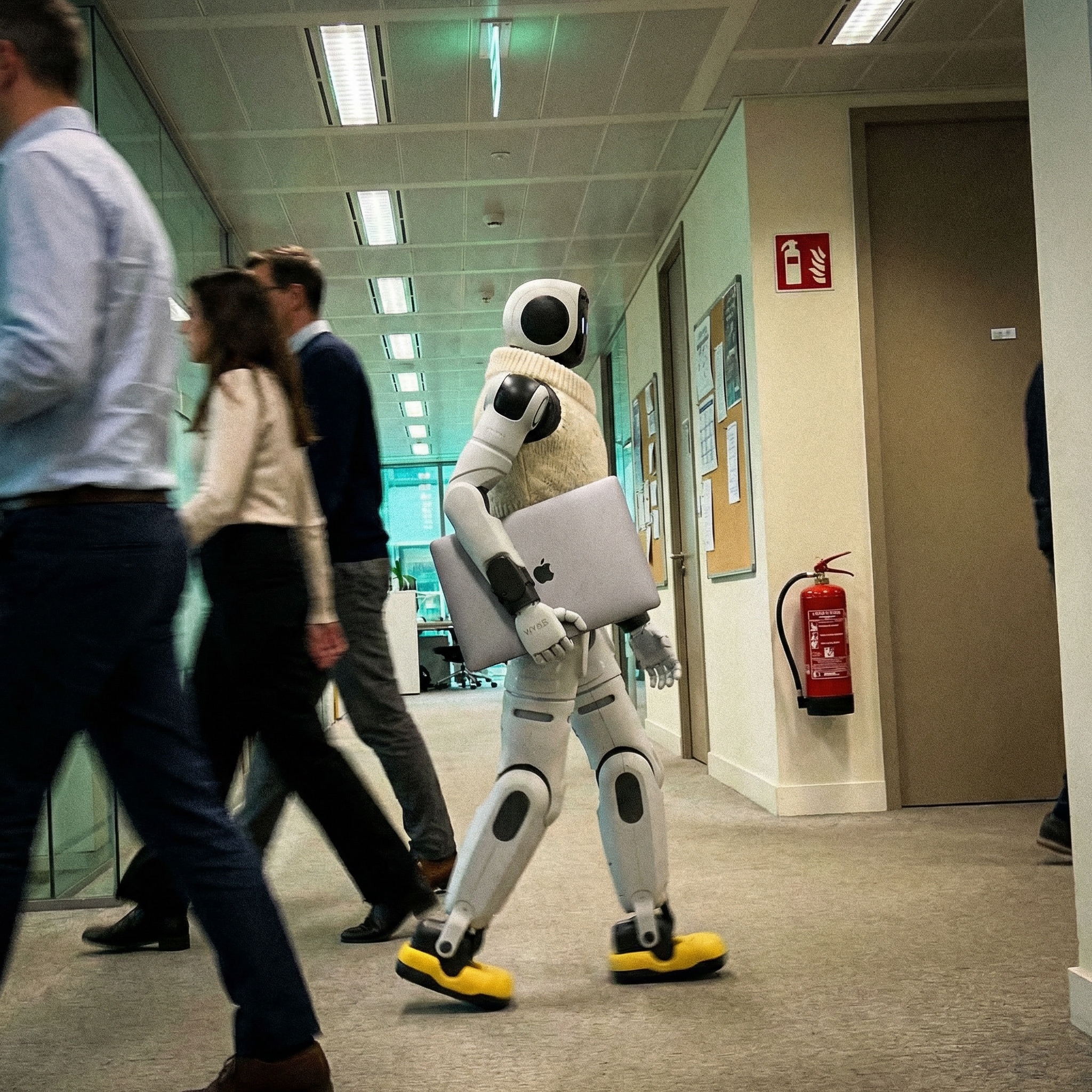 Wybe robot walking through office corridor carrying a laptop among human colleagues