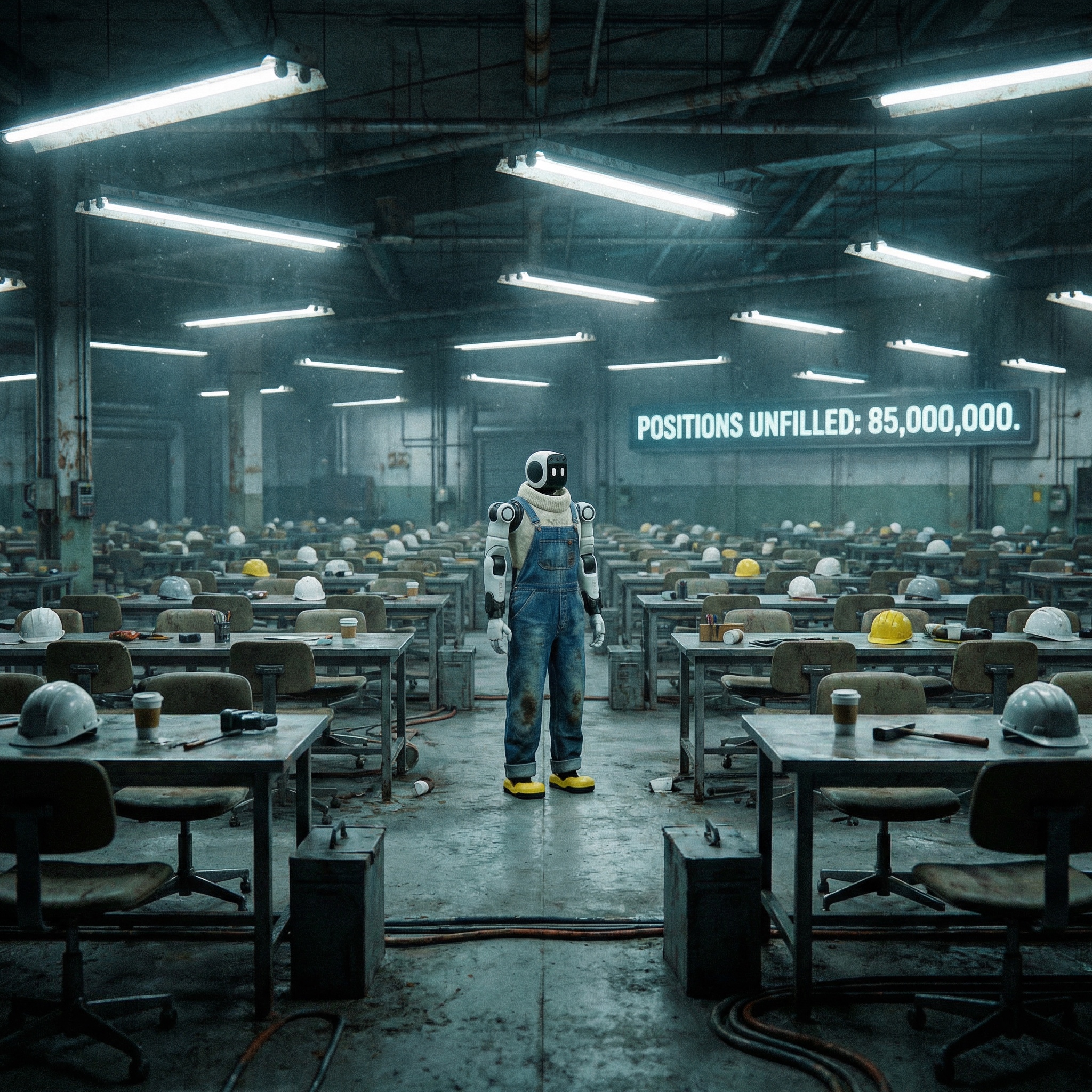 Robot standing alone in an empty warehouse — 85 million positions unfilled