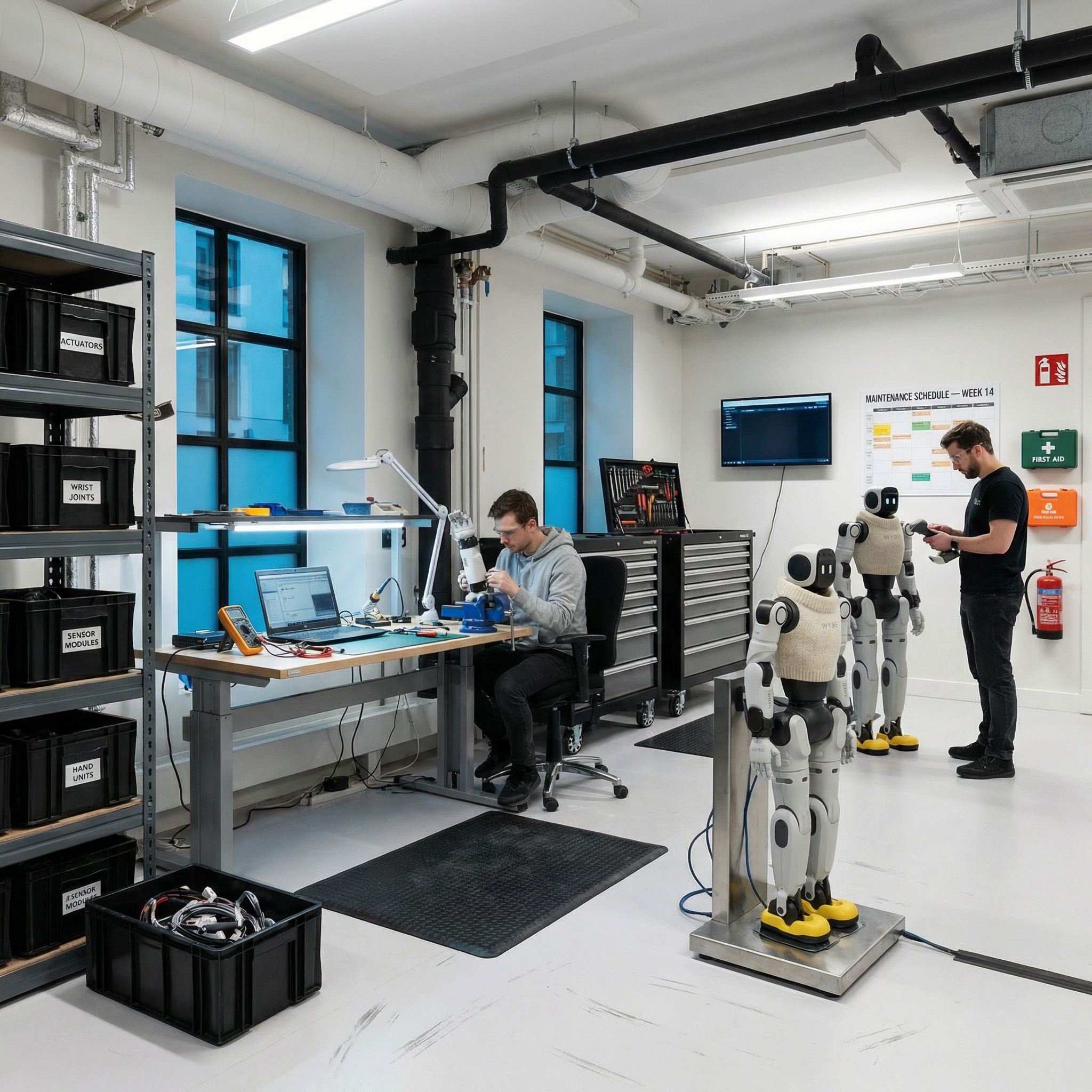 Engineers working alongside humanoid robots at training stations inside the Robot University
